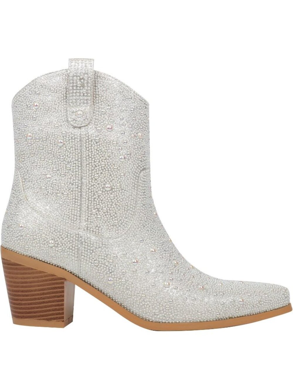 Women's Pearl Silver Rhinestone Sparkly Block Heel Pointed Toe Ankle Cowboy Boot - Picture 6 of 6